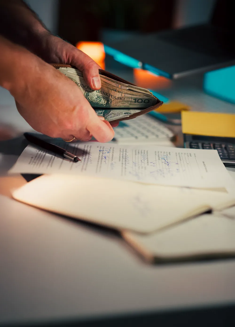 Manos revisando recibos y una libreta de registros
